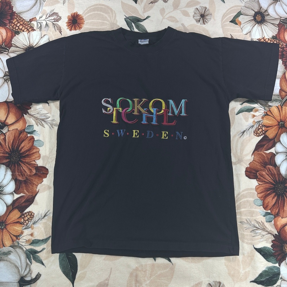 Vintage Sweden Stockholm Souvenir T Shirt Mens Black Embroidered Size Large